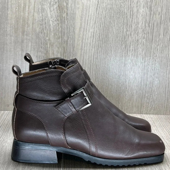 HARSON Ankle Boots Womens Sz 37 Square Toe Side Zip Block Heel Leather Brown - Picture 1 of 13
